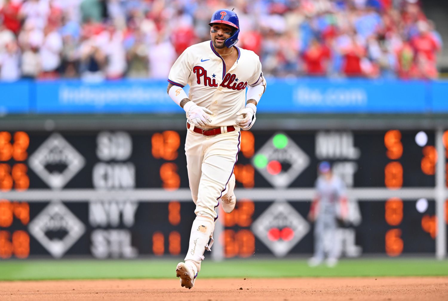 Jul 1, 2023; Philadelphia, Pennsylvania, USA; Philadelphia Phillies outfielder Nick Castellanos (8) rounds the bases after hitting a two-run home run against the Washington Nationals in the fourth inning at Citizens Bank Park. Mandatory Credit: Kyle Ross-USA TODAY Sports